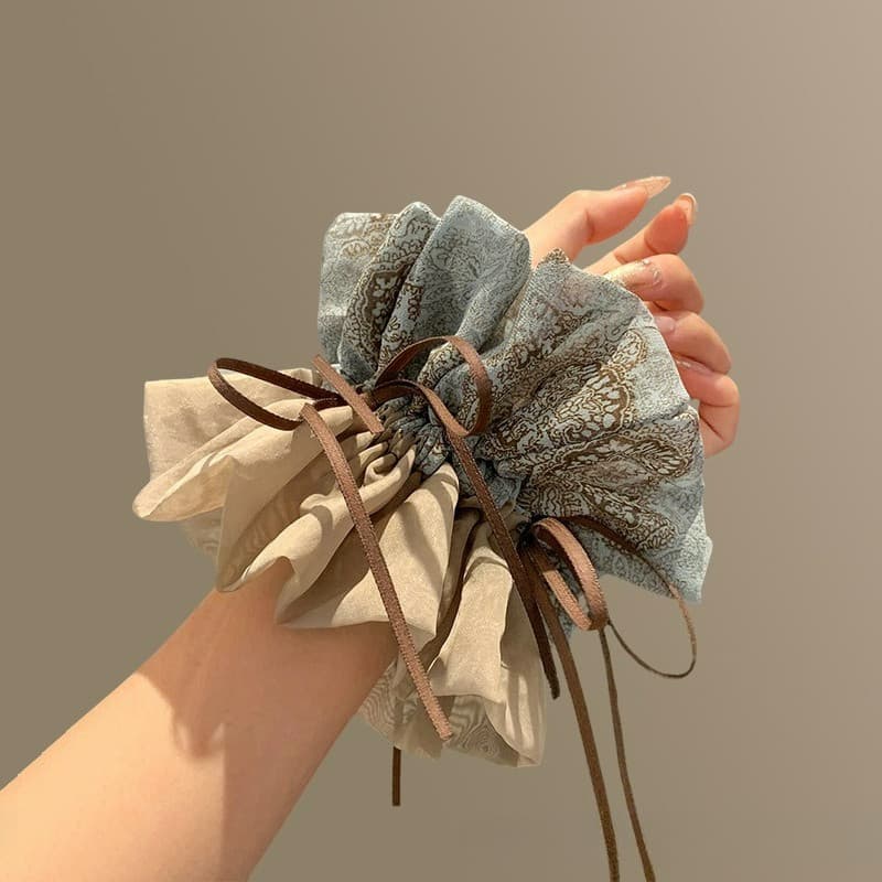 Vintage Floral Print Double-Lay Hair Rope Hair Ties Scrunchies เครื่องประดับผม รูปที่ 4