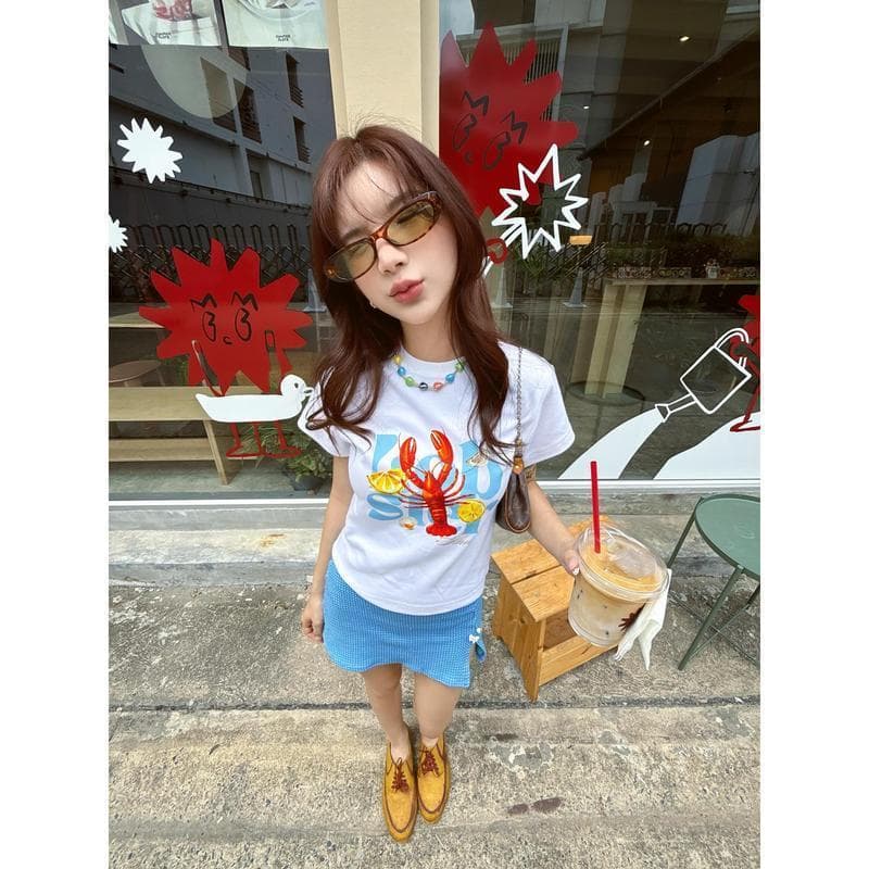 เสื้อยืด baby tee ลายล็อบสเตอร์ เสื้อครอปแนวอเมริกันซัมเมอร์ คอตตอน 100% crop top น่ารัก รูปที่ 5
