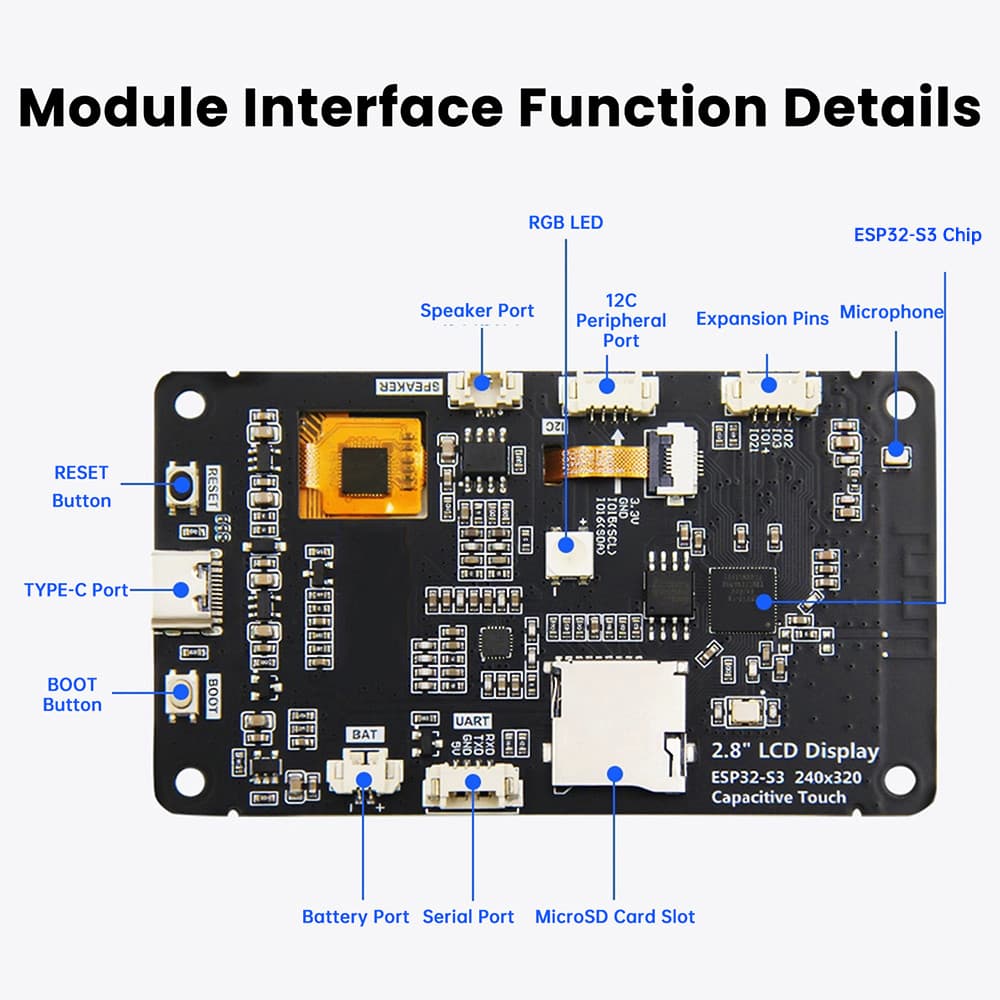 ESP32-S3 ES3C28P บอร์ดพัฒนา WiFi BT สมาร์ทจอแสดงผลหน้าจอ 2.8 นิ้วโมดูล TFT หน้าจอสัมผัสรองรับ XiaoZhi Type-C รูปที่ 7