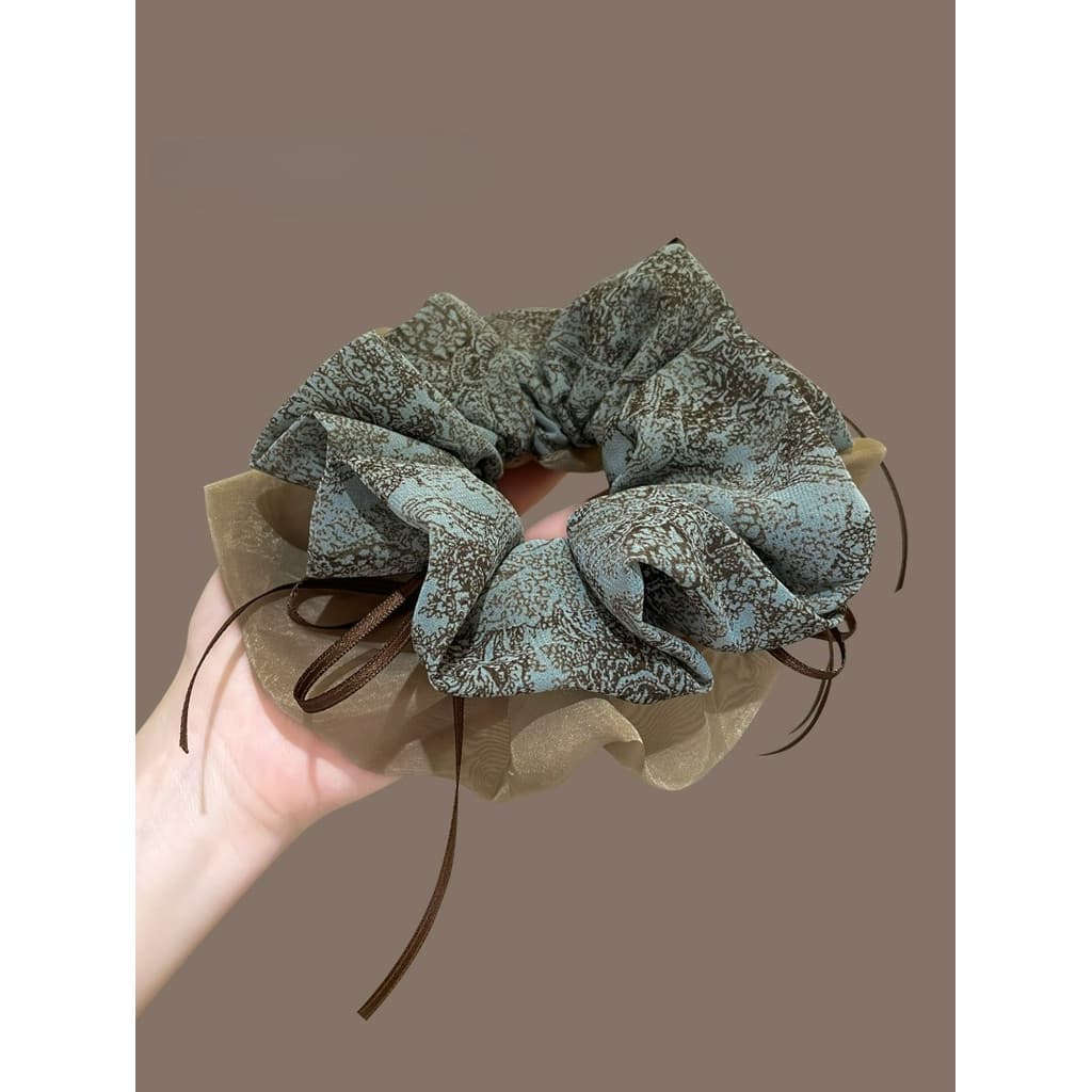 Vintage Floral Print Double-Lay Hair Rope Hair Ties Scrunchies เครื่องประดับผม รูปที่ 3