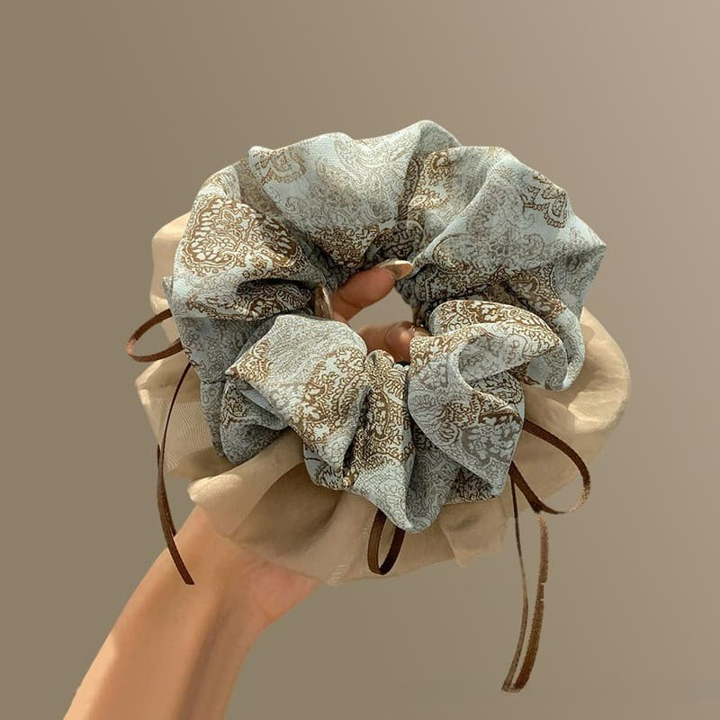 Vintage Floral Print Double-Lay Hair Rope Hair Ties Scrunchies เครื่องประดับผม รูปที่ 7