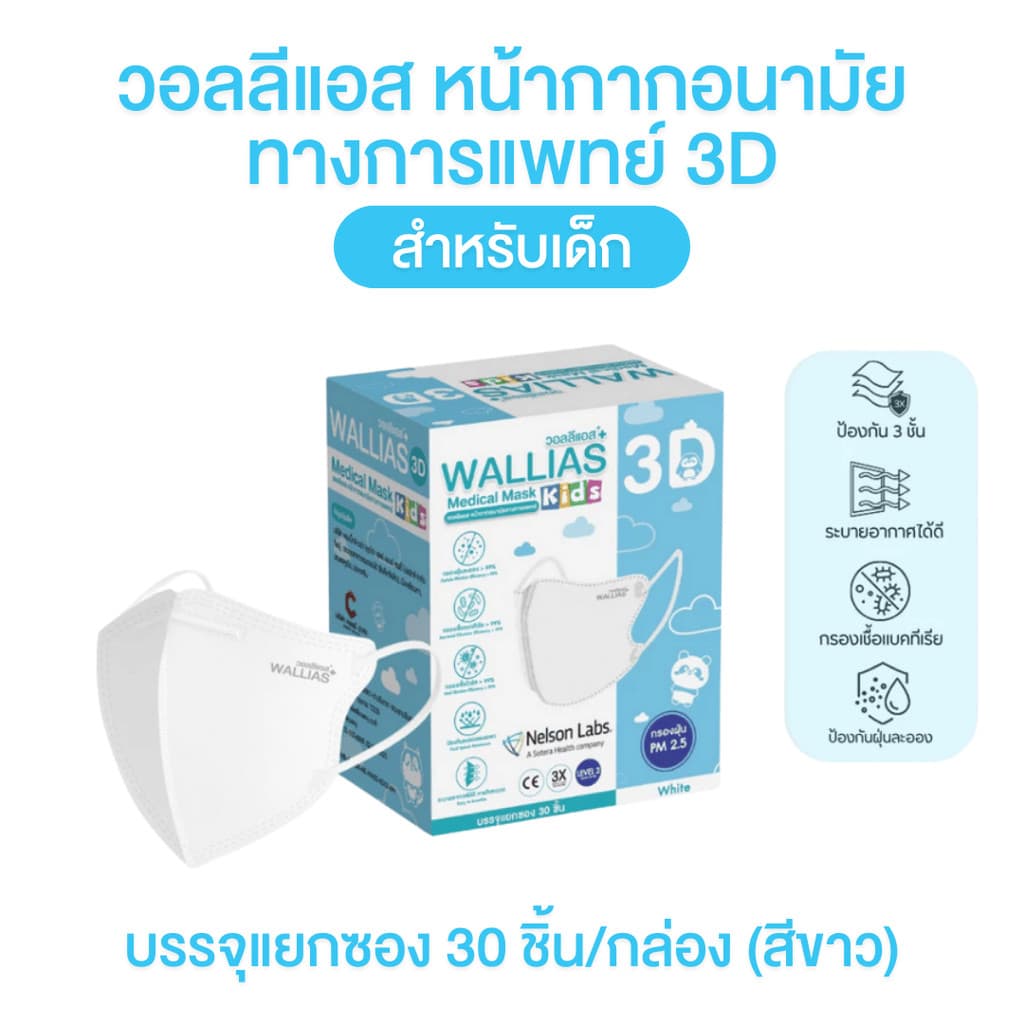 Wallias 3D วอลลีแอส 1 กล่อง บรรจุ 30 ชิ้น หน้ากากอนามัยเกรดการแพทย์ รูปทรง 3D บรรจุแยกซอง สีขาว ระบายอากาศได้ดี สายนิ่ม รูปที่ 3