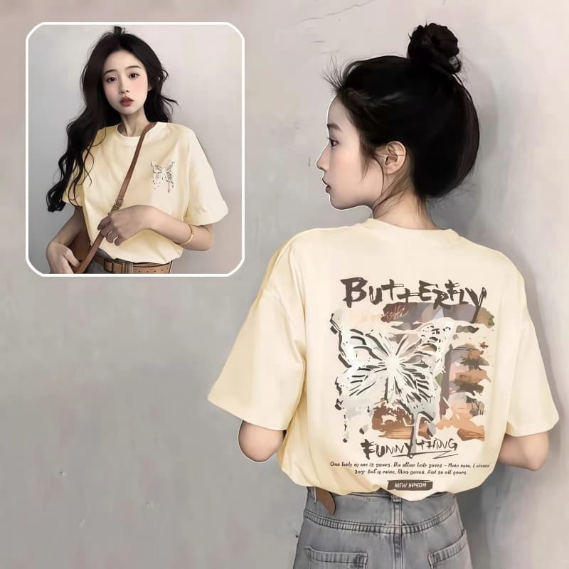 จัดส่งตลอด 24 ชั่วโมงเสื้อยืดผ้าคอตตอน 100% สำหรับผู้หญิง Oversize เสื้อผ้าย้อนยุค เวอร์ชั่นเกาหลี พิมพ์คอกลม แขนสั้น รูปที่ 4
