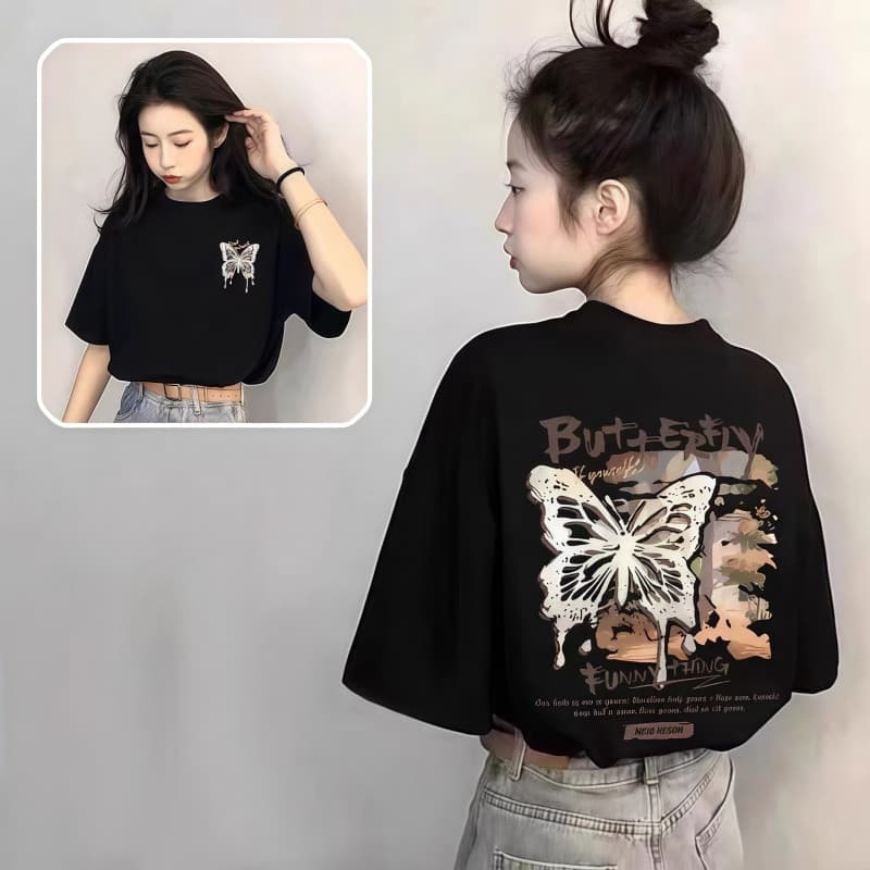 จัดส่งตลอด 24 ชั่วโมงเสื้อยืดผ้าคอตตอน 100% สำหรับผู้หญิง Oversize เสื้อผ้าย้อนยุค เวอร์ชั่นเกาหลี พิมพ์คอกลม แขนสั้น รูปที่ 3