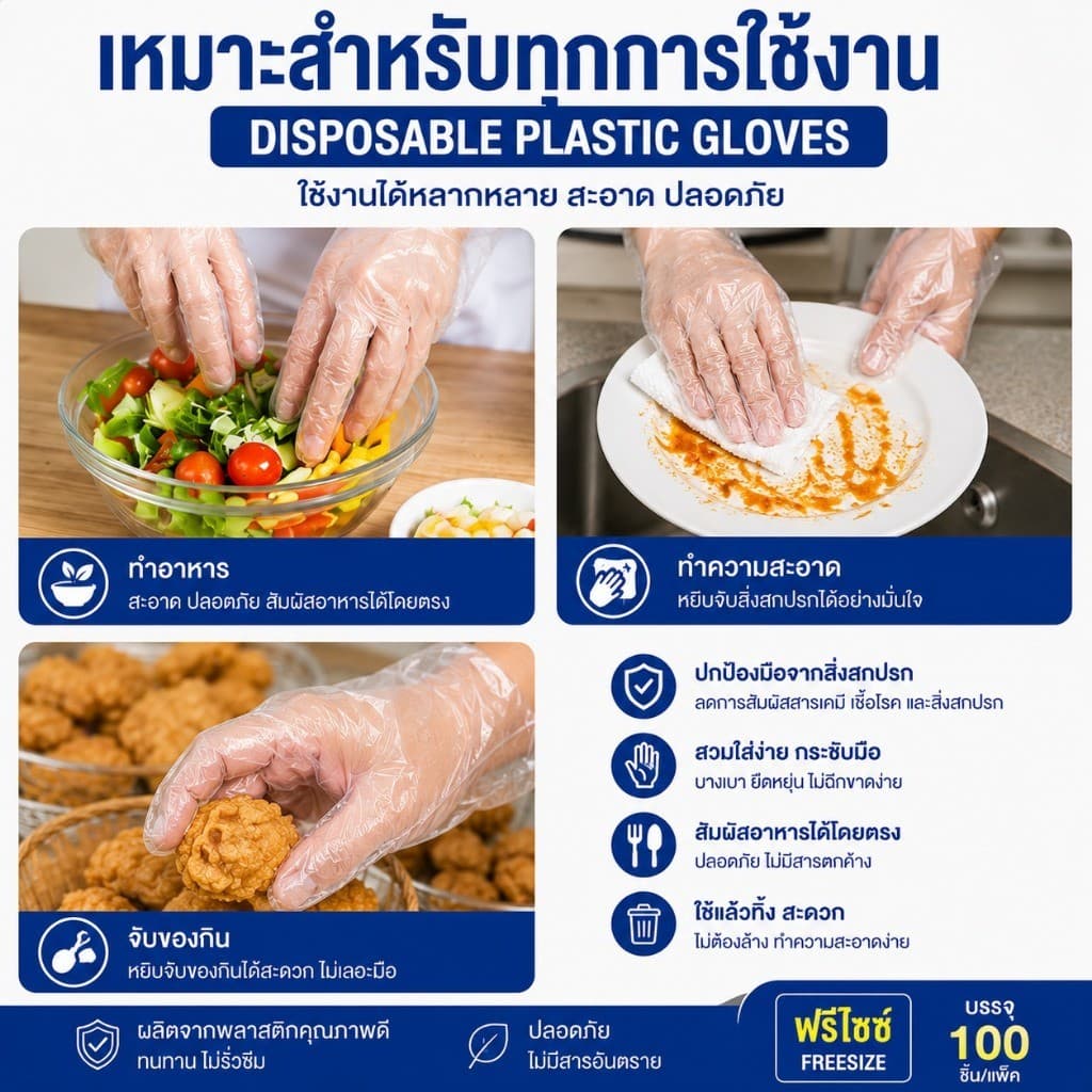ถุงมือพลาสติกแบบใช้แล้วทิ้ง แบบบาง อเนกประสงค์ สุดคุ้ม รูปที่ 2