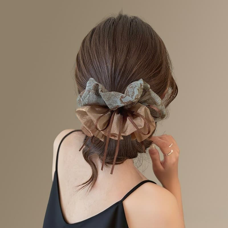 Vintage Floral Print Double-Lay Hair Rope Hair Ties Scrunchies เครื่องประดับผม รูปที่ 5