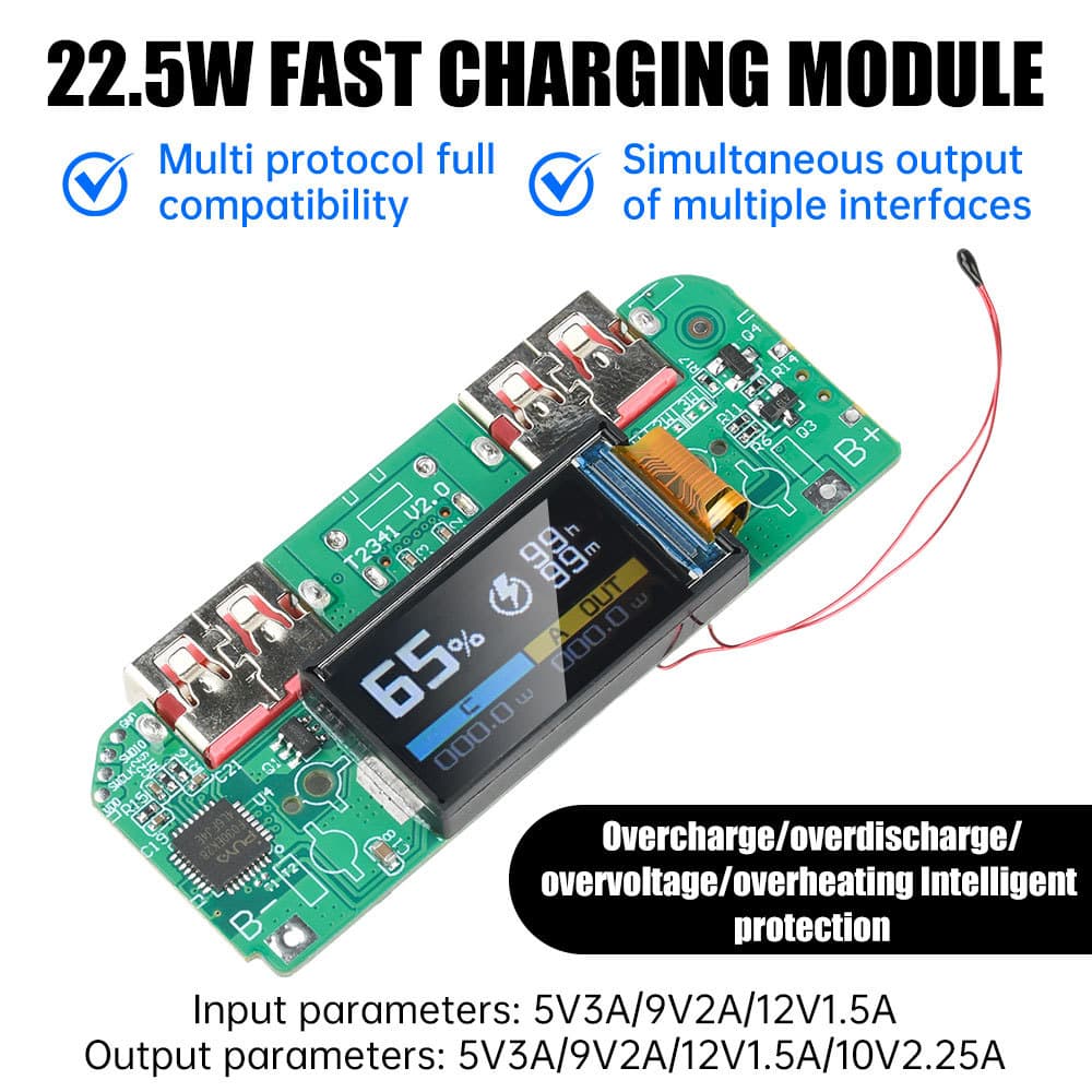 22.5W PD/QC หน้าจอสี Super Fast ชาร์จโมดูลวงจร DIY เมนบอร์ด 5V 3A/9V 2A/12V 1.5A/10V2.25A รูปที่ 2