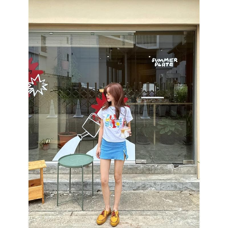 เสื้อยืด baby tee ลายล็อบสเตอร์ เสื้อครอปแนวอเมริกันซัมเมอร์ คอตตอน 100% crop top น่ารัก รูปที่ 3