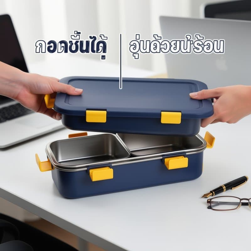 BHQ กล่องข้าวสแตนเลส ปิ่นโตสแตนเลส304 แบ่งช่อง3ช่อง กันรั่ว ถอดชั้นในได้ อุ่นน้ำร้อน พกพา รูปที่ 4