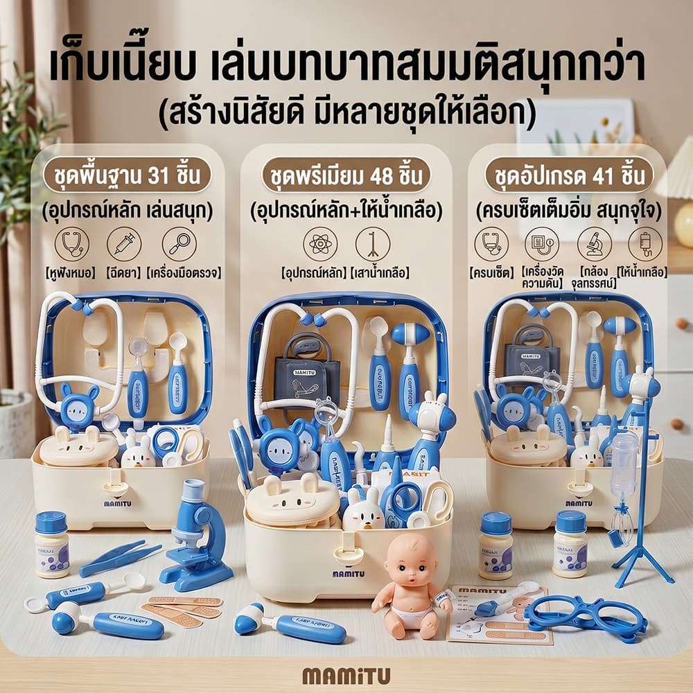 อุปกรณ์ทางการแพทย์สำหรับเด็กเล่นบ้านชุดพยาบาลฉีดยาเล่นหูฟังเด็กของเล่นแบบโต้ตอบ ชุดของเล่นมีไฟ รูปที่ 2