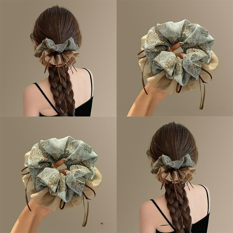 Vintage Floral Print Double-Lay Hair Rope Hair Ties Scrunchies เครื่องประดับผม รูปที่ 1