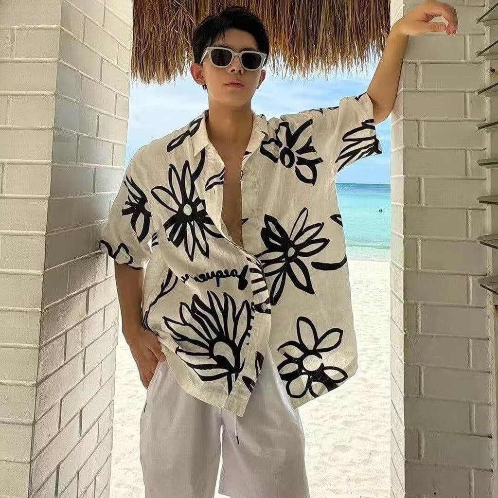 MEFEEE เสื้อโปโลผู้ชาย คอคิวบา ผ้าฝ้ายพรีเมียม ลายดอกไม้สไตล์วินเทจเกาหลี ระบายอากาศได้ ใส่สบาย รูปที่ 2