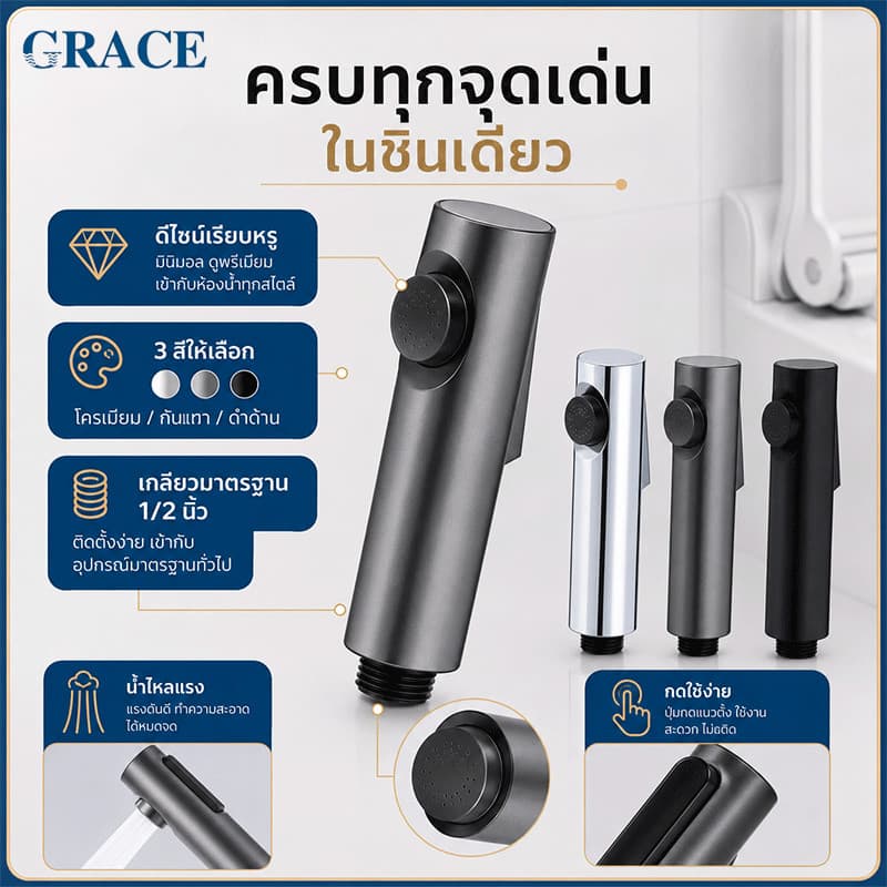 GRACE ชุดหัวฉีดชำระ ABS แรงดันน้ำสูง 3 สี ติดตั้งง่าย แข็งแรง ทนทาน ชุดหัวสเปรย์อเนกประสงค์ น้ำแรง รูปที่ 3