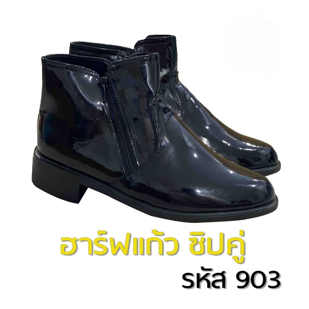 รองเท้าฮาร์ฟแก้ว PU ซิบคู่ หัวแหลม สูง 6.3 นิ้ว พื้นยาง แข็งแรง [903] **สั่งเผื่อเพิ่มไซส์นึงจากปกติค่ะ**