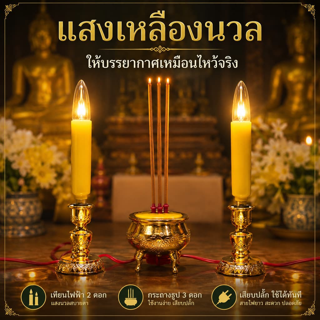 Superlamp ชุด เชิงเทียน ไฟฟ้า ขั้วเขี้ยว B15 พร้อม เทียน ยาว เหลือง 15W 220V รูปที่ 7