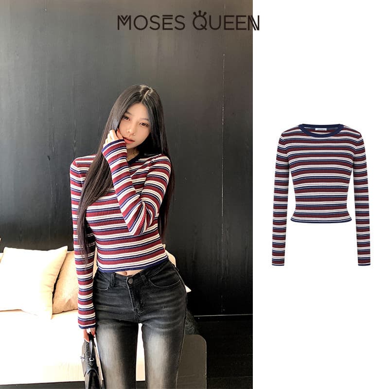 MOSESQUEEN เสื้อสูงสุดแบบคอเปียก ลายเส้นดินเผา รูปแบบสกรีน ผ้าบาง ตัวเตี้ย แขนยาว สำหรับผู้หญิง รูปแบบเรโทร ใส่สบายในชีวิตประจำวัน เหมาะสำหรับเดินทางทั่วเมือง ใช้ได้ทั้งในและนอกบ้าน #59895 รูปที่ 6