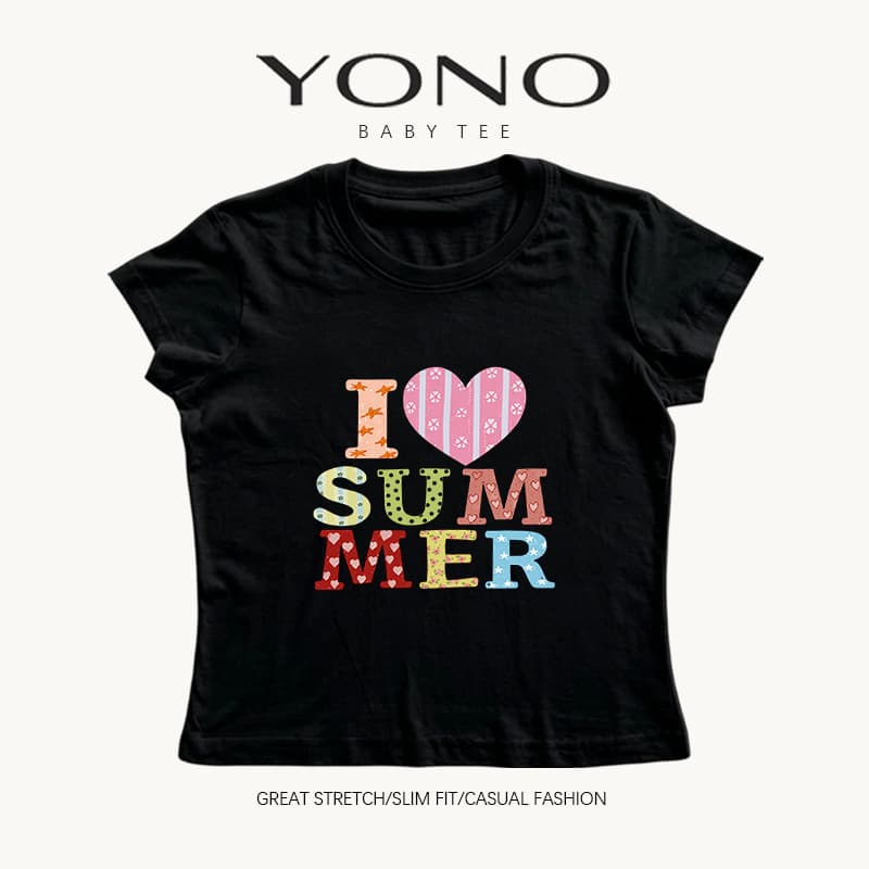 baby tee สีชมพู ลายตัวอักษร I Love Summer สีสดใส ฟีลหวานน่ารัก ทรงเข้ารูป ใส่ชิคทุกวัน รูปที่ 5