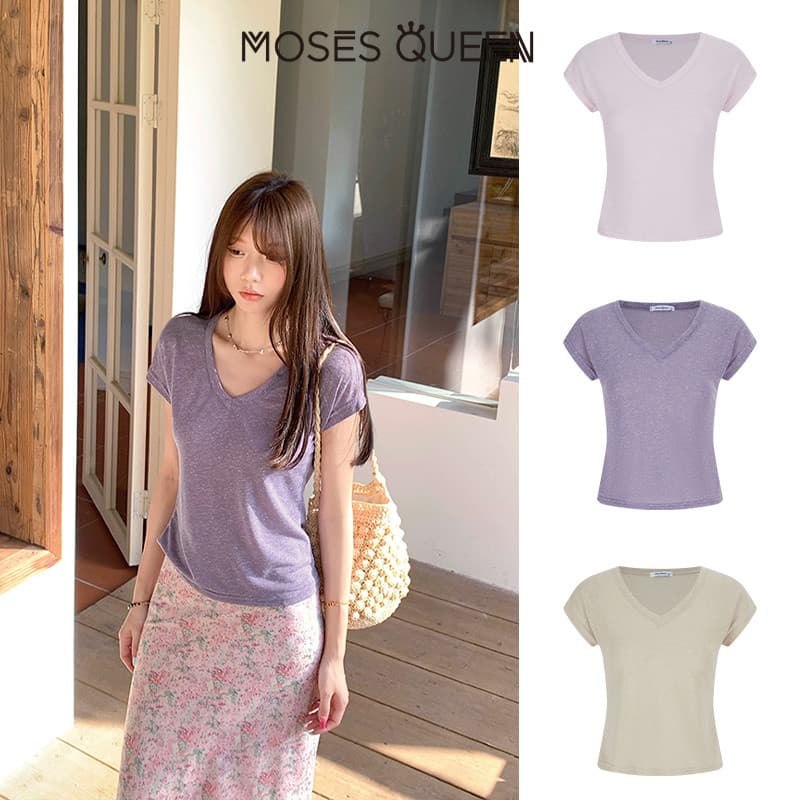 < MOSESQUEEN > มอสส์ ราชินี เสื้อยืดคอวีแขนสั้นหลากสีทรงหลวมสําหรับฤดูร้อนเหมาะกับการลดอายุและชุดลําลอง #63719 รูปที่ 1
