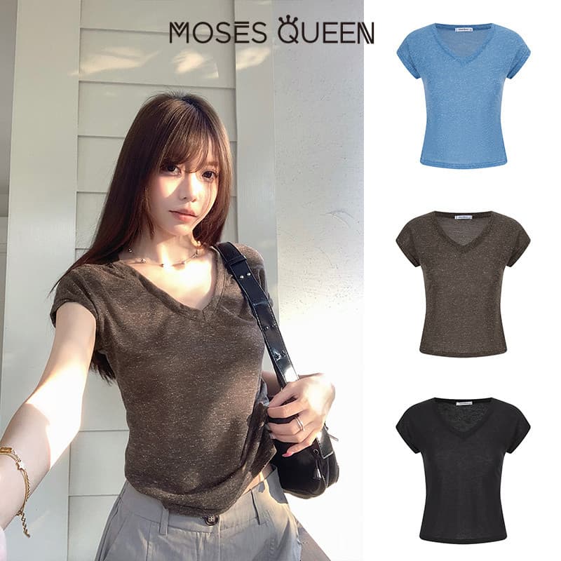 < MOSESQUEEN > มอสส์ ราชินี เสื้อยืดคอวีแขนสั้นหลากสีทรงหลวมสําหรับฤดูร้อนเหมาะกับการลดอายุและชุดลําลอง #63719 รูปที่ 5