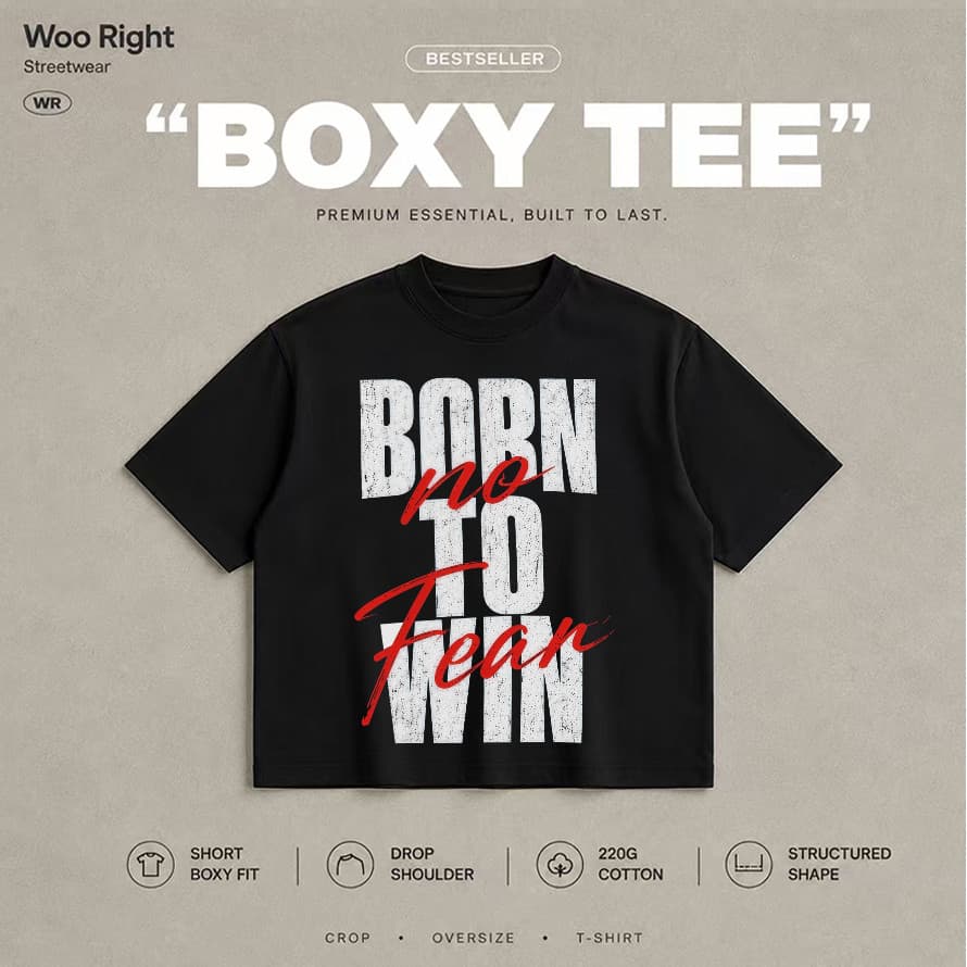 COD Woo Right Boxy crop tee Boxy T-Shirt เสื้อยืดผู้ชายลายตัวอักษร Born No Fear oversize เสื้อแฟชั่น รูปที่ 2