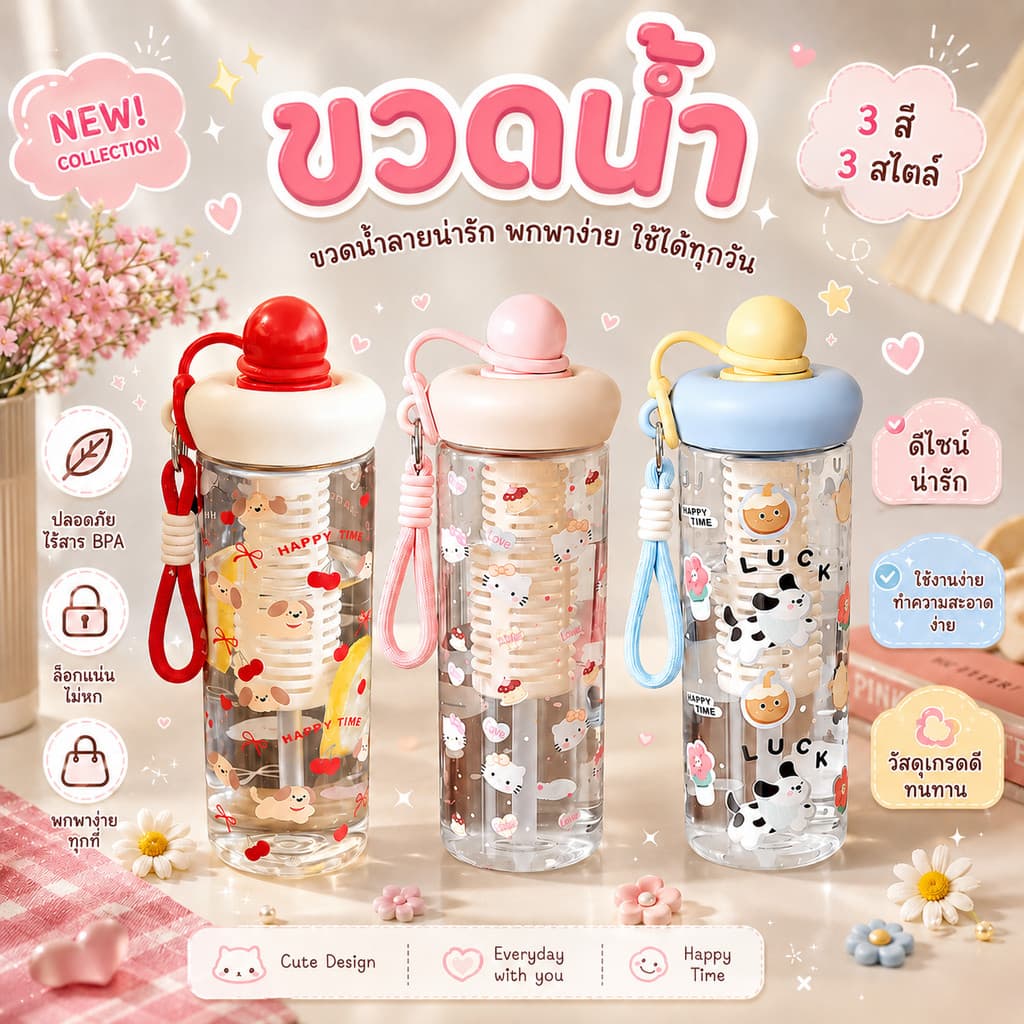 แก้วน้ำน่ารักสำหรับนักศึกษา แก้วหลอดพกพา ความจุขนาดใหญ่ 650ml กันน้ำกันรั่ว พร้อมสายคล้อง รูปที่ 1