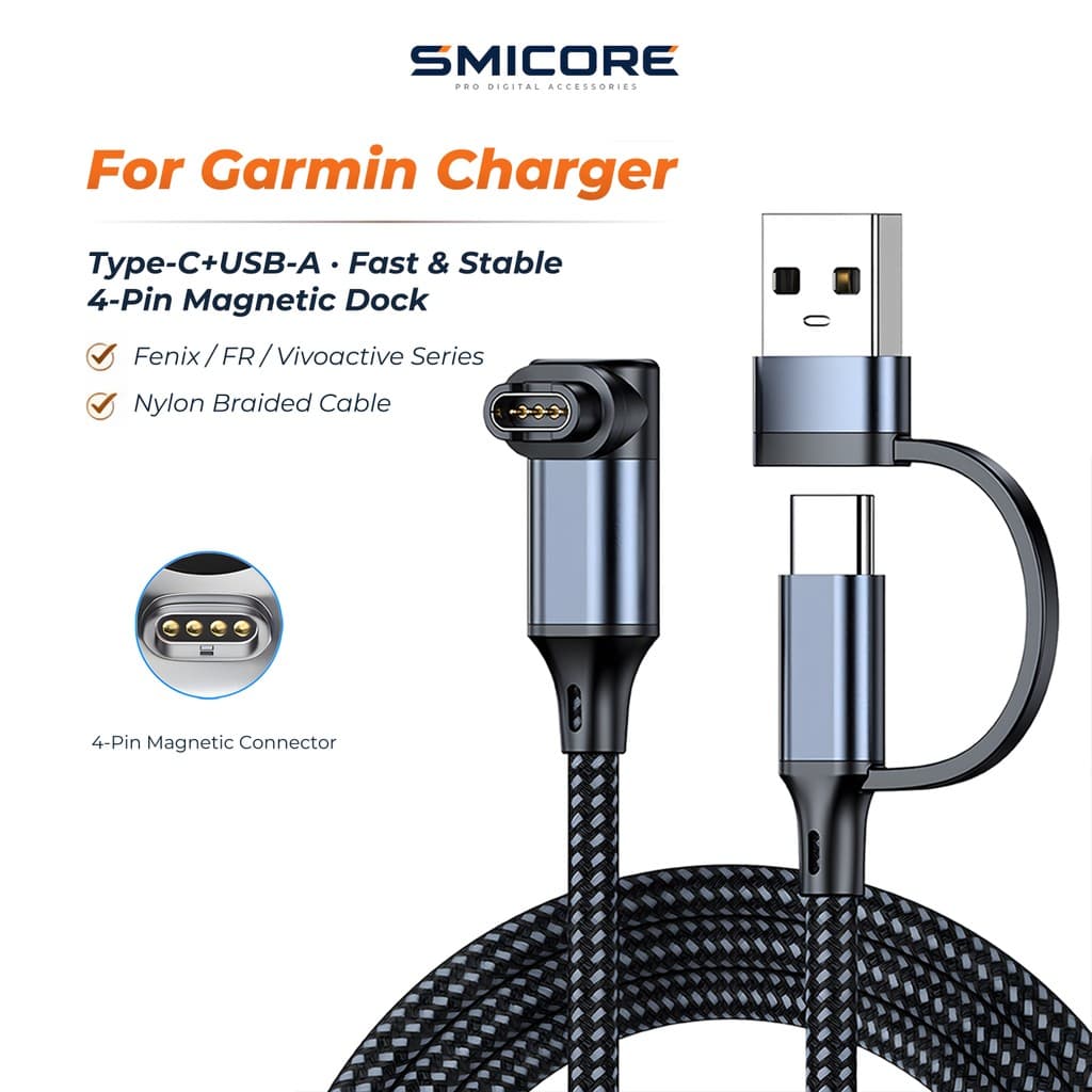 สายชาร์จ Garmin 4-Pin 2-in-1 USB-A/Type-C เสถียร ปลอดภัย สายถักทน รองรับ Forerunner 245/265, Fenix 7 รูปที่ 1