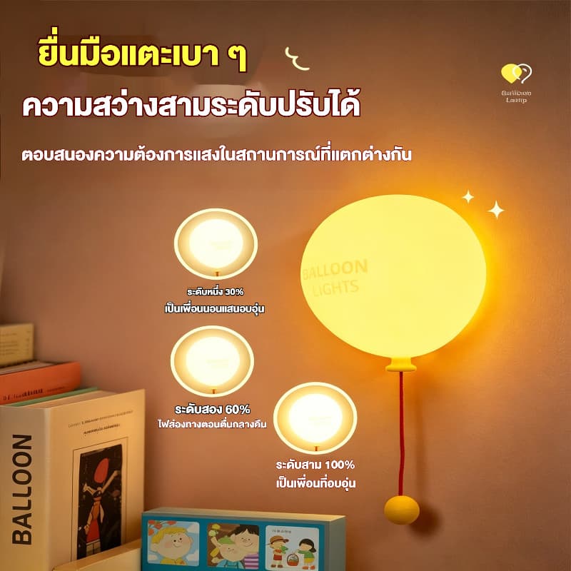 ส่งจากไทย โคมบอลลูนซิลิโคน โคมผนัง/โคมกลางคืน/โคมตั้งโต๊ะ ระดับความสว่าง 3 ระดับ ตั้งเวลา 30 นาที ใช้สัมผัสเปิด-ปิดได้ USB ใช้ชาร์จ รูปที่ 3