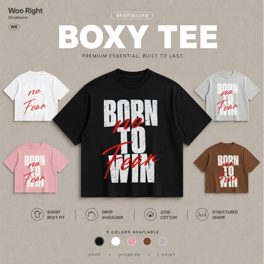 COD Woo Right Boxy crop tee Boxy T-Shirt เสื้อยืดผู้ชายลายตัวอักษร Born No Fear oversize เสื้อแฟชั่น รูปที่ 1