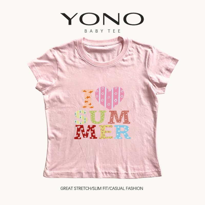 baby tee สีชมพู ลายตัวอักษร I Love Summer สีสดใส ฟีลหวานน่ารัก ทรงเข้ารูป ใส่ชิคทุกวัน รูปที่ 1