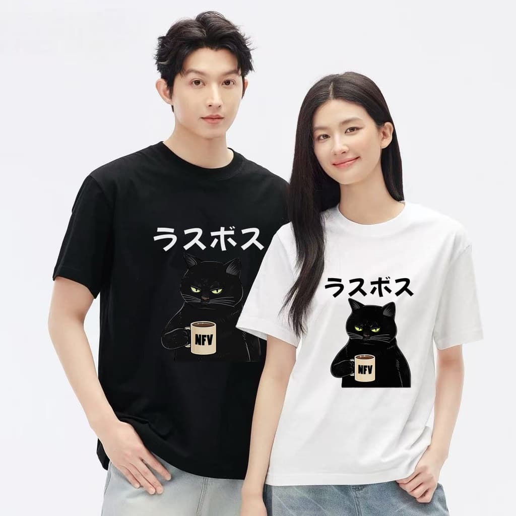 BKK Vibeทรงโอเวอร์ไซส์ เสื้อยืด ใส่ได้ทั้งชายหญิง เสื้อ ผ้าฝ้ายแท้100% ลายแมวดำ คอกลม แขนสั้น รูปที่ 5