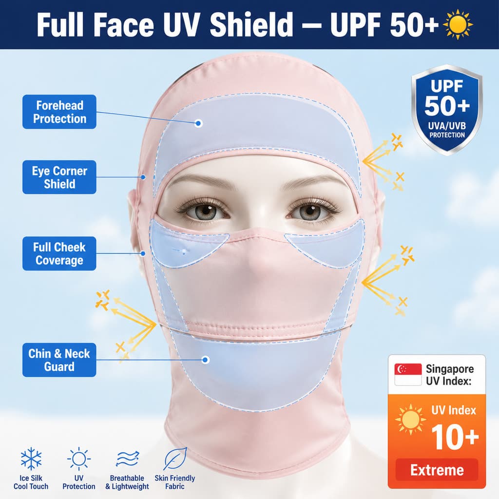 หน้ากากกันแดดผ้าไหมน้ำแข็งUPF50+ ป้องกันUV 100%/ผู้หญิงฤดูร้อนผ้าไหมกันแดดเต็มหน้า/ป้องกันรังสียูวี ระบายอากาศดี สวมใส่สบาย/น้ำหนักเบา สัมผัสเหมือนผิวเปล่า/ซักได้และใช้ซ้ำได้/สายยางยืดนุ่ม ปรับได้/ครอบหน้าสุด+คอ/ซิลิโคนนุ่มปิดจมูก/ใส่ขับรถ/เที่ยวทะเล​ รูปที่ 5