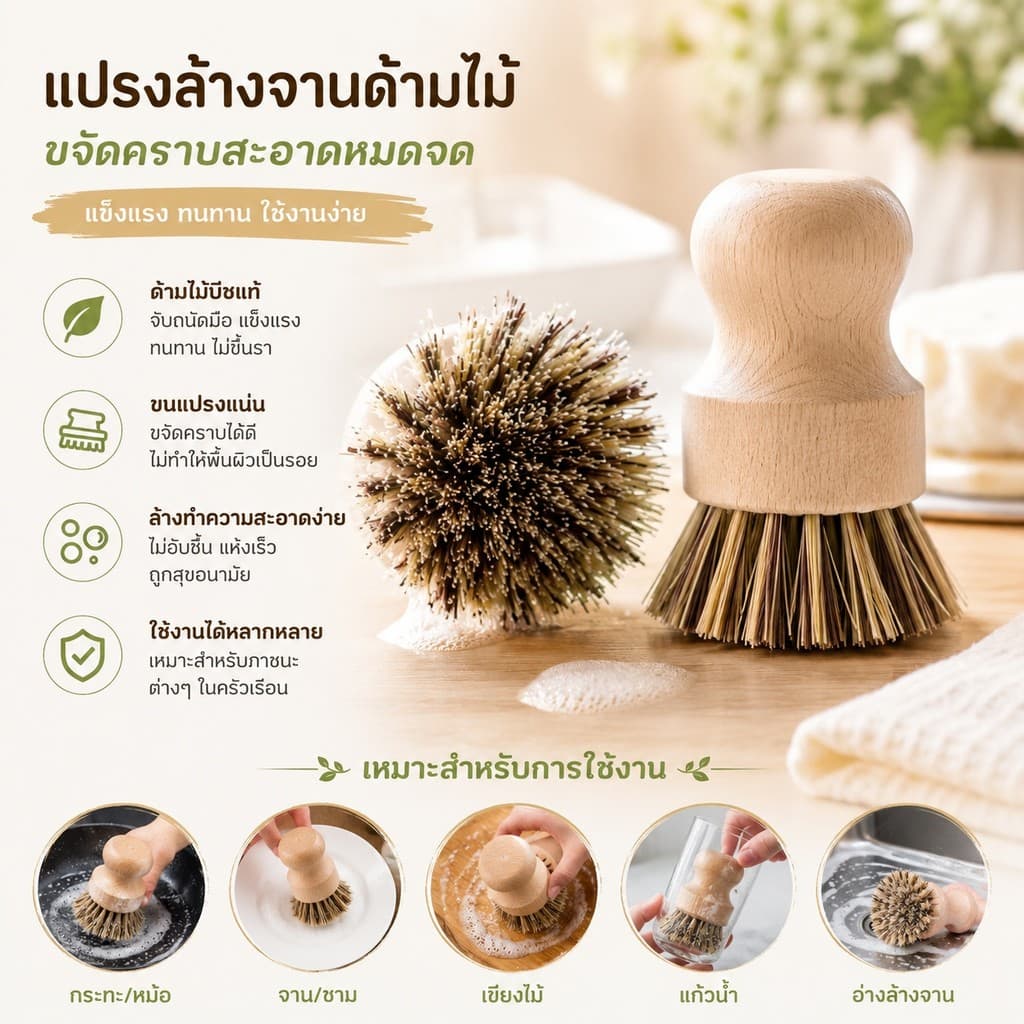 S00052 แปรงทำความสะอาด กระทะ หม้อ ด้ามไม้ ใยขัดทำจากเส้นใยพืช สไตล์มินิมอล รูปที่ 8