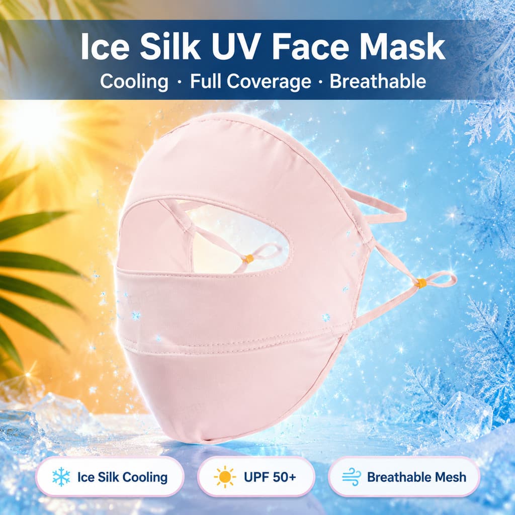 หน้ากากกันแดดผ้าไหมน้ำแข็งUPF50+ ป้องกันUV 100%/ผู้หญิงฤดูร้อนผ้าไหมกันแดดเต็มหน้า/ป้องกันรังสียูวี ระบายอากาศดี สวมใส่สบาย/น้ำหนักเบา สัมผัสเหมือนผิวเปล่า/ซักได้และใช้ซ้ำได้/สายยางยืดนุ่ม ปรับได้/ครอบหน้าสุด+คอ/ซิลิโคนนุ่มปิดจมูก/ใส่ขับรถ/เที่ยวทะเล​ รูปที่ 2