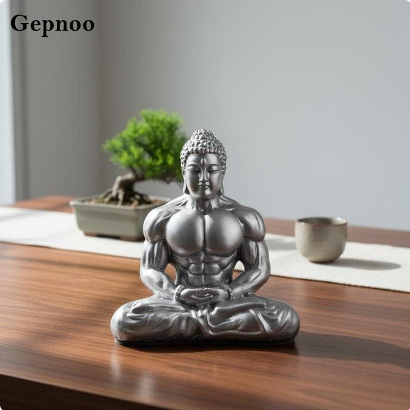 Muscle Buddha การออกแบบสร้างสรรค์เครื่องประดับพระพุทธรูปกล้ามเนื้อเซนรูปปั้นพระพุทธรูปกล้ามเนื้อมือแกะสลักพรีเมี่ยมหัตถกรรมสําหรับนักเพาะกาย, โต๊ะทํางาน, ห้องนั รูปที่ 3