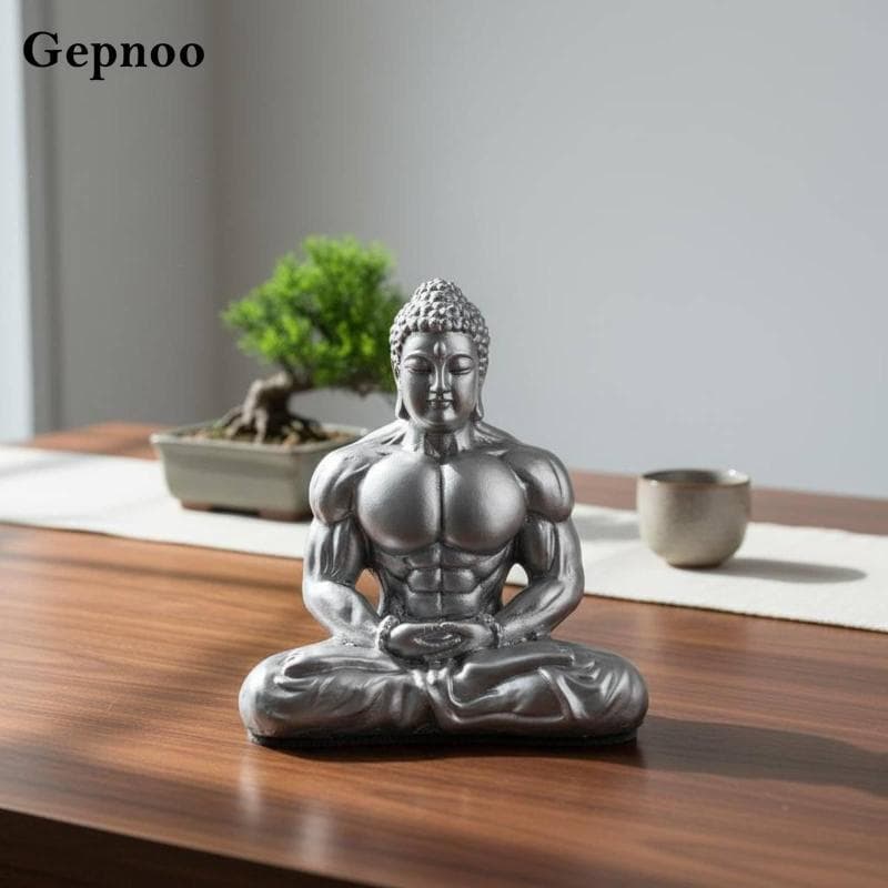 Muscle Buddha การออกแบบสร้างสรรค์เครื่องประดับพระพุทธรูปกล้ามเนื้อเซนรูปปั้นพระพุทธรูปกล้ามเนื้อมือแกะสลักพรีเมี่ยมหัตถกรรมสําหรับนักเพาะกาย, โต๊ะทํางาน, ห้องนั รูปที่ 4