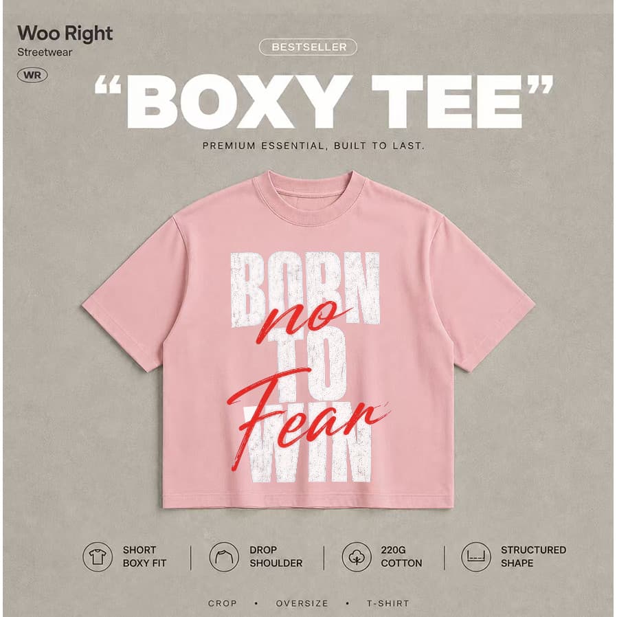COD Woo Right Boxy crop tee Boxy T-Shirt เสื้อยืดผู้ชายลายตัวอักษร Born No Fear oversize เสื้อแฟชั่น รูปที่ 6