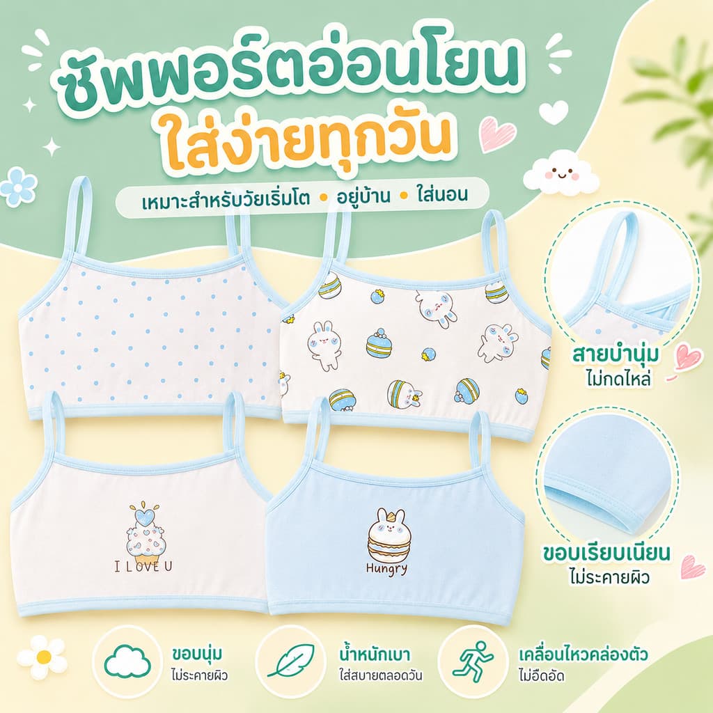 เสื้อกล้ามบราเด็กผู้หญิง ผ้าฝ้าย ลายการ์ตูน ไร้โครง ไม่รัดอก ระบายอากาศดี อายุ 6-15 ปี รูปที่ 2