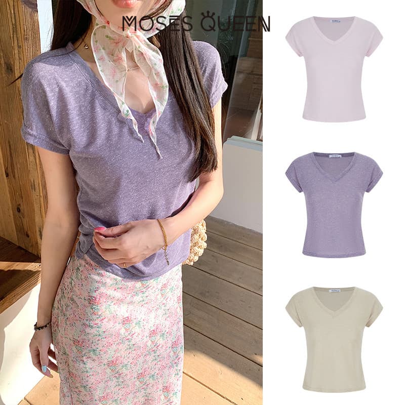< MOSESQUEEN > มอสส์ ราชินี เสื้อยืดคอวีแขนสั้นหลากสีทรงหลวมสําหรับฤดูร้อนเหมาะกับการลดอายุและชุดลําลอง #63719 รูปที่ 6