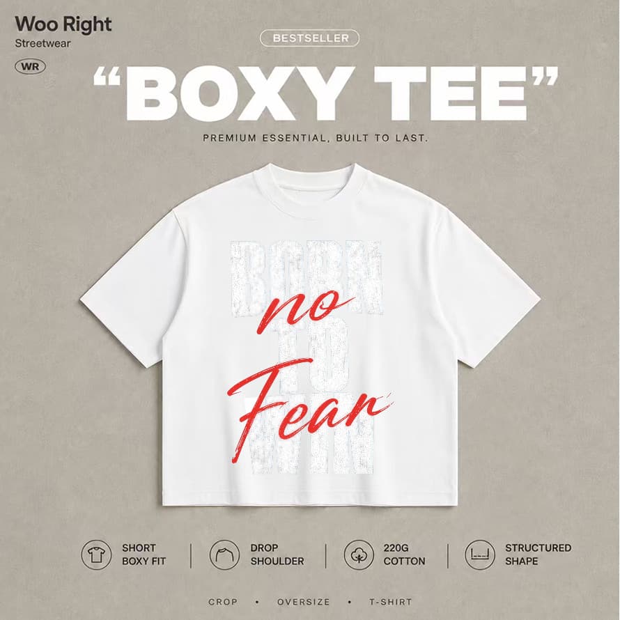 COD Woo Right Boxy crop tee Boxy T-Shirt เสื้อยืดผู้ชายลายตัวอักษร Born No Fear oversize เสื้อแฟชั่น รูปที่ 3