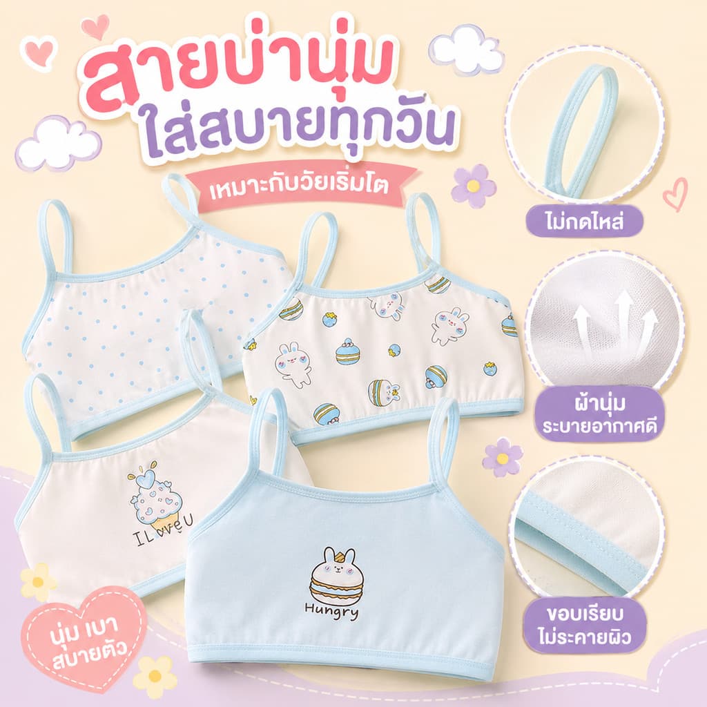 เสื้อกล้ามบราเด็กผู้หญิง ผ้าฝ้าย ลายการ์ตูน ไร้โครง ไม่รัดอก ระบายอากาศดี อายุ 6-15 ปี รูปที่ 3