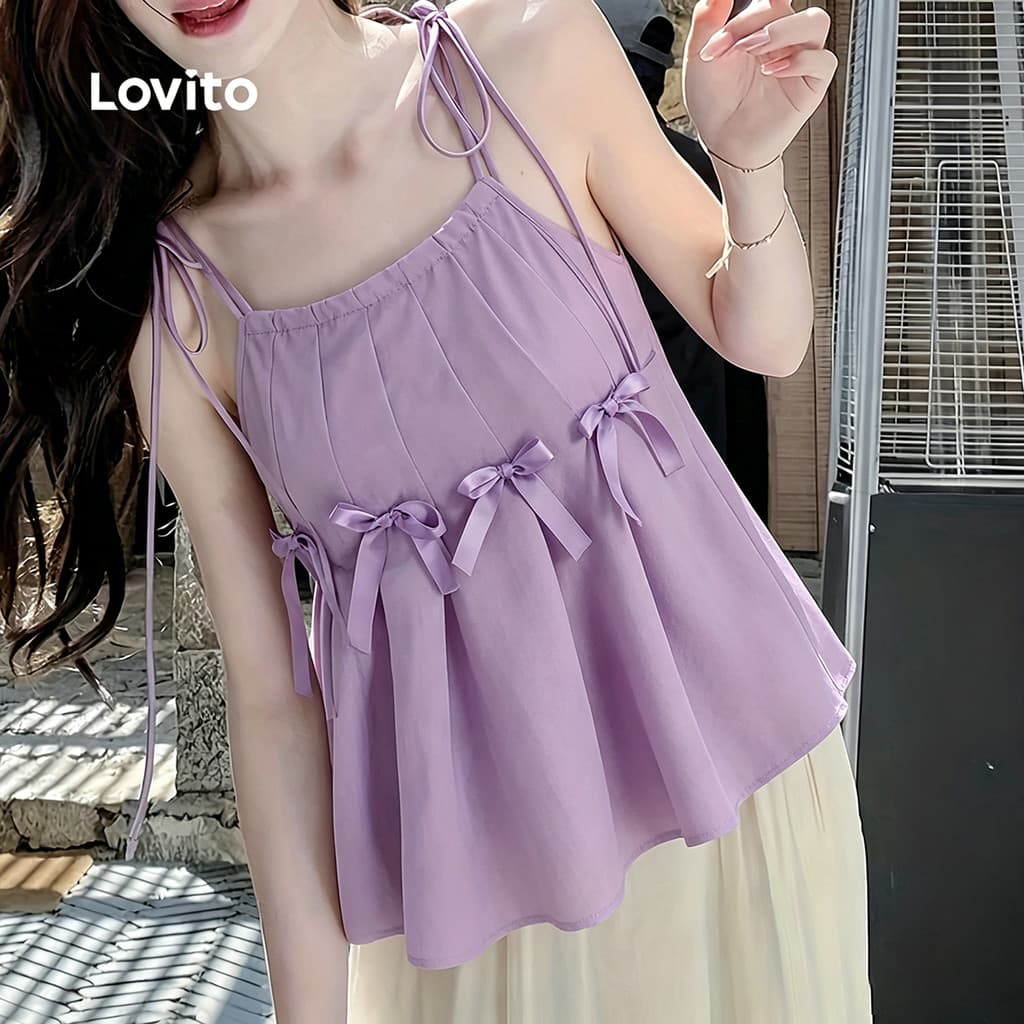 Lovito แคชชวล เสื้อเชิ้ตผู้หญิง ดีไซน์ผูกเชือกด้านหน้า ฤดูใบไม้ผลิ/ฤดูร้อน สีม่วง L171ED514 รูปที่ 4