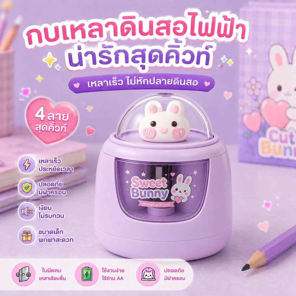 ❤เครื่องเหลาดินสอไฟฟ้า ลายน่ารัก ใช้ถ่าน AA 3 ก้อน กบเหลาดินสออัตโนมัติ สำหรับนักเรียน เครื่องเขียนเด็ก