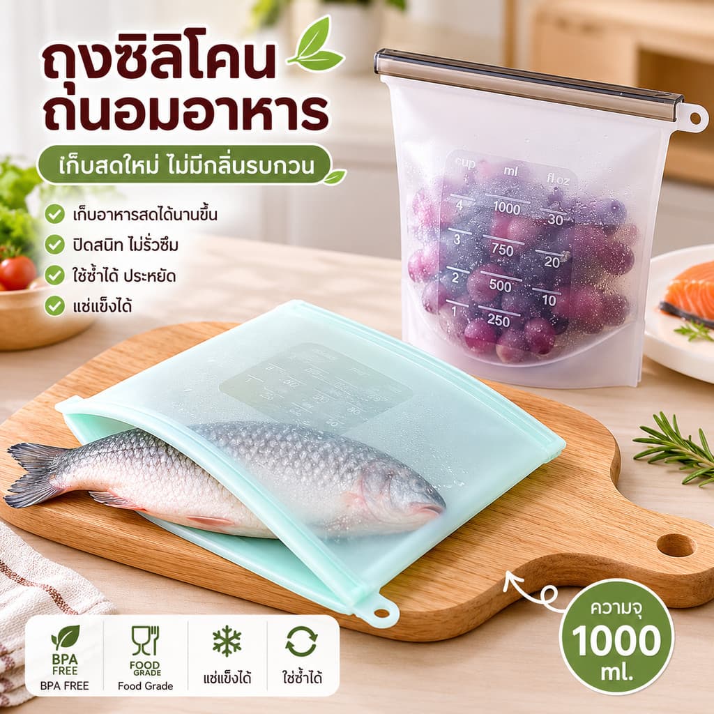 Home007 ถุงซิลิโคนใส่อาหาร 1000ml. สูญญากาศ สำหรับใส่อาหาร เก็บอาหาร ช่วยรักษาความสดใหม่ ฟู้ดเกรด รูปที่ 4