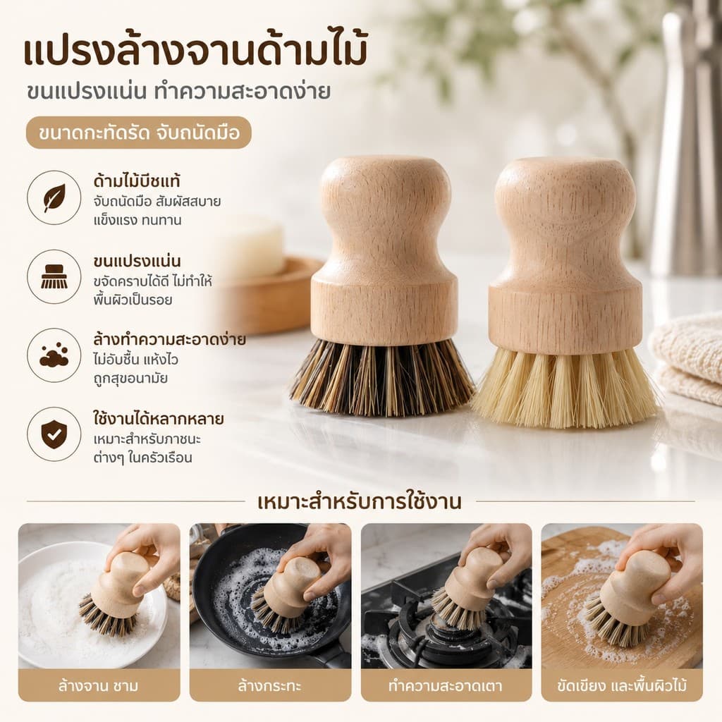 S00052 แปรงทำความสะอาด กระทะ หม้อ ด้ามไม้ ใยขัดทำจากเส้นใยพืช สไตล์มินิมอล รูปที่ 2