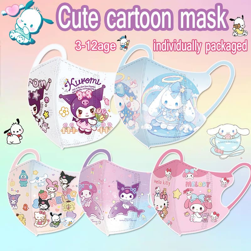 SANRIO หน้ากากการ์ตูนเด็ก ซานริโอ 3ง แบบใช้แล้วทิ้งสําหรับนักเรียน 4-12 ปีฤดูร้อนระบายอากาศและกันฝุ่นหน้ากากเด็กบรรจุภัณฑ์อิสระสูงความงาม ทํานอง หน รูปที่ 1