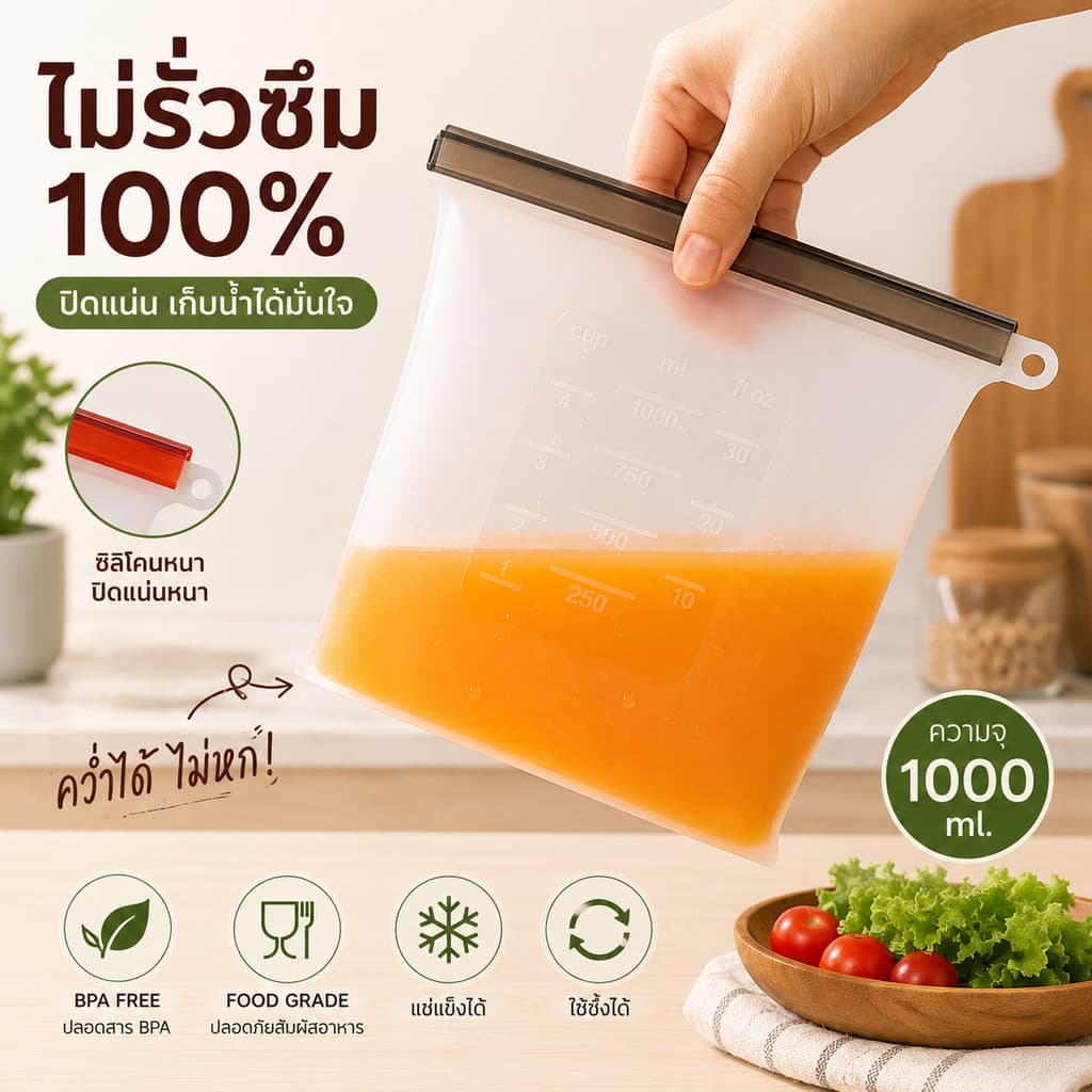 Home007 ถุงซิลิโคนใส่อาหาร 1000ml. สูญญากาศ สำหรับใส่อาหาร เก็บอาหาร ช่วยรักษาความสดใหม่ ฟู้ดเกรด รูปที่ 3