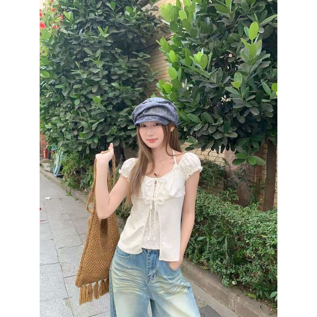 Veewink เสื้อยืดแขนพอง ผูกคอ ลายดอกไม้ ลูกไม้ระบาย ลุคใสเซ็กซี่ สาวหวาน รูปที่ 8