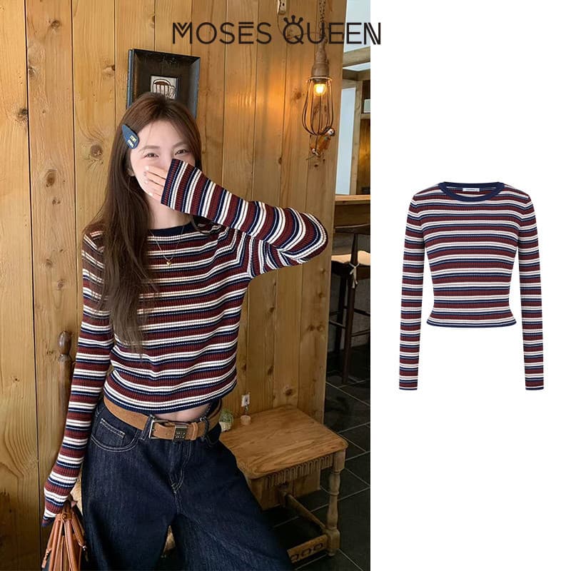 MOSESQUEEN เสื้อสูงสุดแบบคอเปียก ลายเส้นดินเผา รูปแบบสกรีน ผ้าบาง ตัวเตี้ย แขนยาว สำหรับผู้หญิง รูปแบบเรโทร ใส่สบายในชีวิตประจำวัน เหมาะสำหรับเดินทางทั่วเมือง ใช้ได้ทั้งในและนอกบ้าน #59895 รูปที่ 1