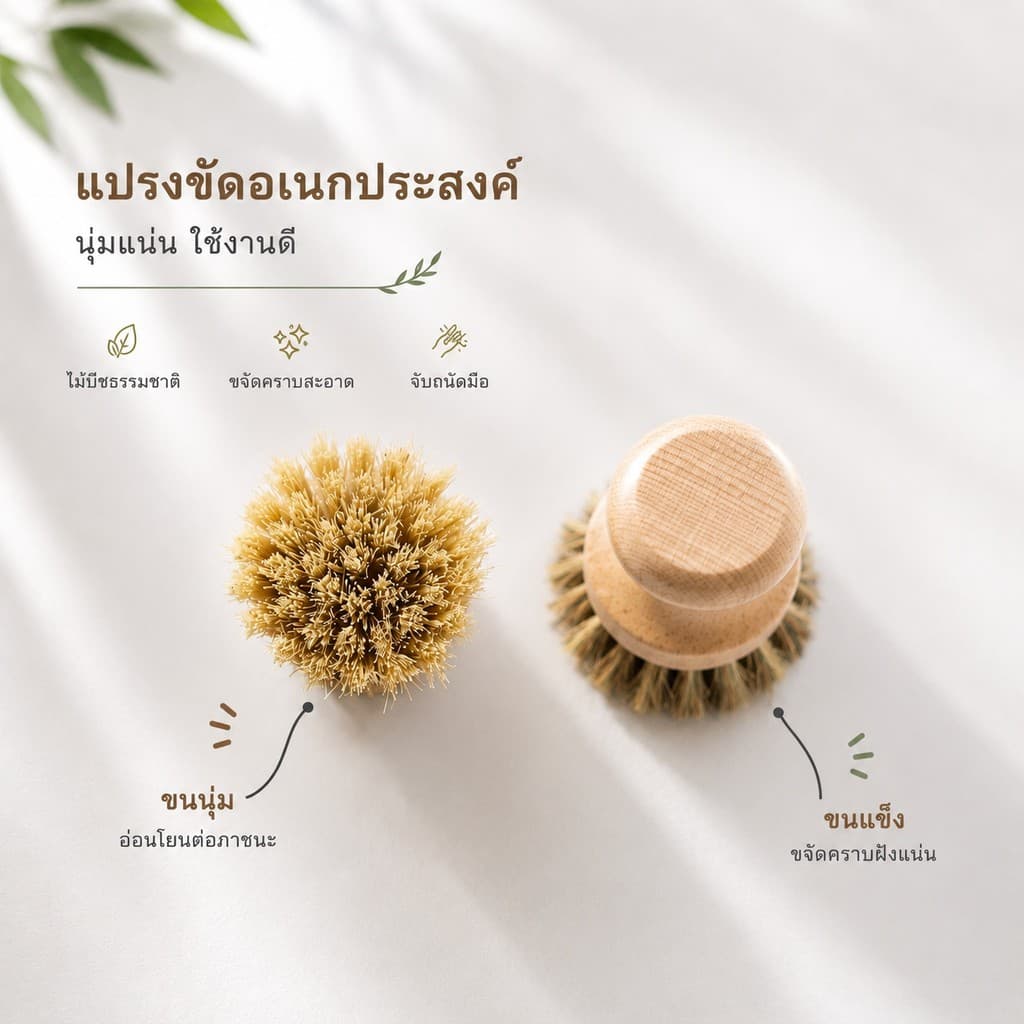 S00052 แปรงทำความสะอาด กระทะ หม้อ ด้ามไม้ ใยขัดทำจากเส้นใยพืช สไตล์มินิมอล รูปที่ 3