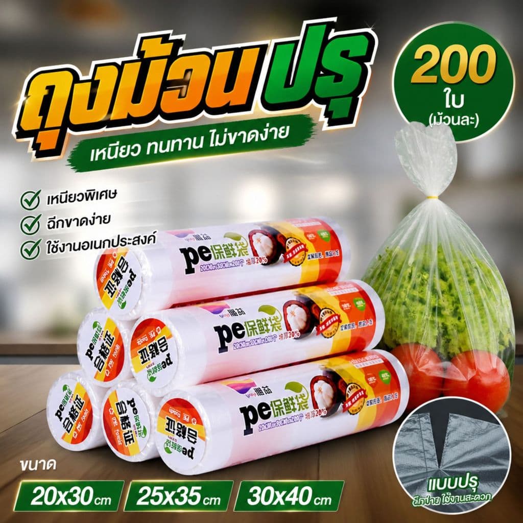 ถุงม้วนปรุ ถุงกระตุก 200ใบ PE เกรดอาหาร ดึงฉีกตามรอย ใช้ในครัว แช่ตู้เย็น แพ็คอาหารได้สารพัด รูปที่ 1
